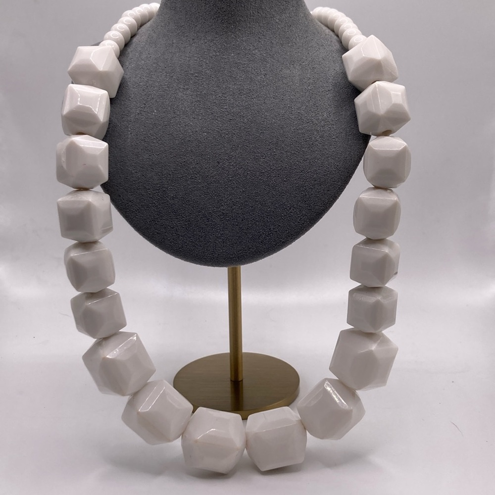 Chunky white square beaded necklace with round white beads, 22”, 3” extension
